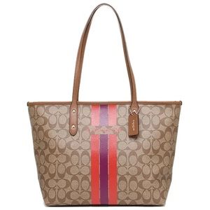 Coach Signature Varsity Stripe City Zip Brown, Pink Coated Canvas & Leather Tote